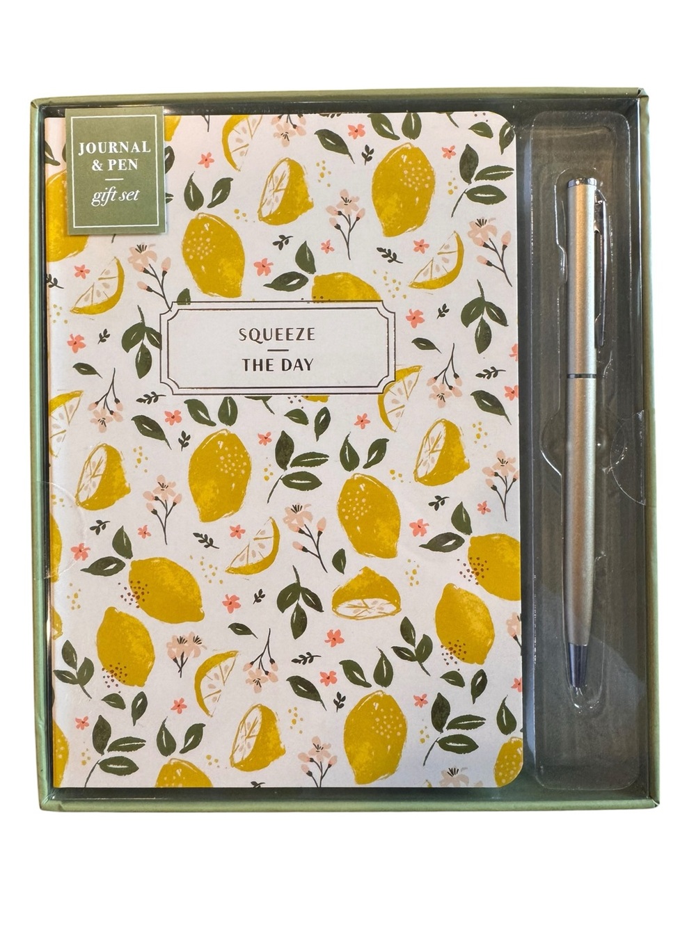 Journal & Pen Gift Set - "Squeeze The Day" Lemon Pattern - Yellow & Green